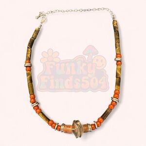 Free People Boho Tribal Beaded Choker Necklace Tiger Eye Red Festival Jewelry